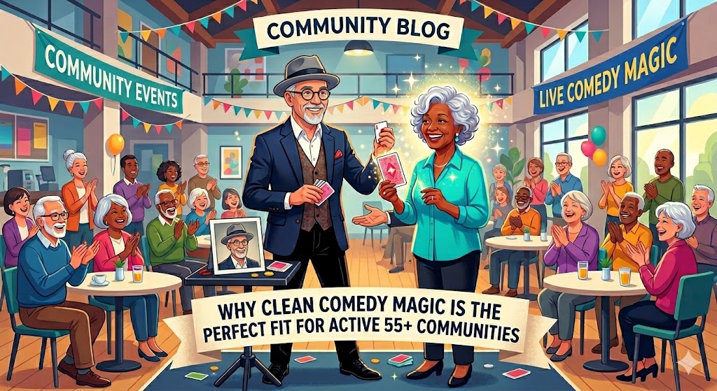 An interactive live clean comedy magic show performance inside a brightly lit 55+ community clubhouse, featuring a smiling male magician in a hat and glasses with a senior woman volunteer holding magic cards on stage while a diverse audience of retirees applauds at tables.