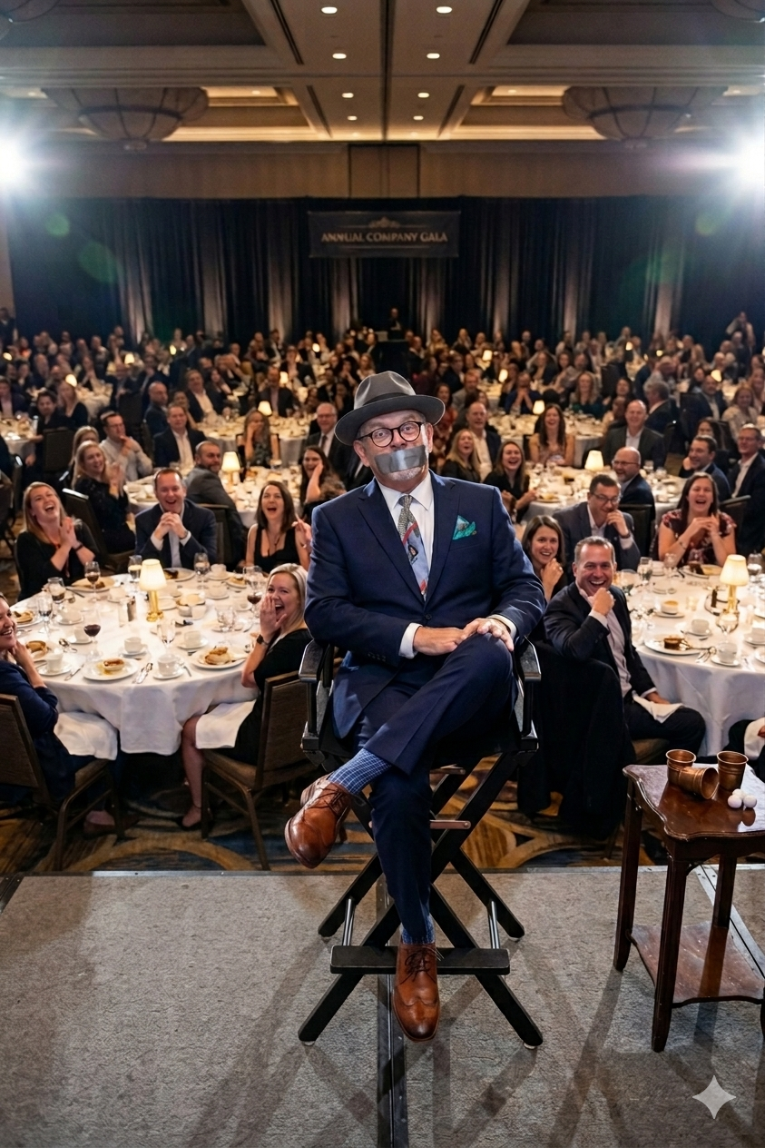 Corporate comedy magician Al Skinner on stage with duct tape over his mouth, performing a high-energy after-dinner show for a laughing audience at a company holiday gala.