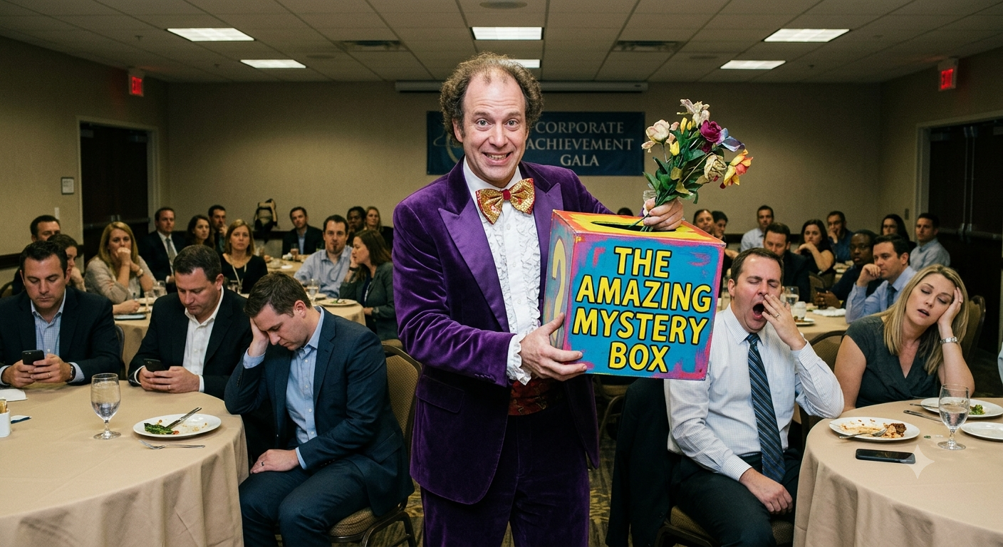 Cheezy magician performing magic at a corporate event in the San Francisco Bay Area