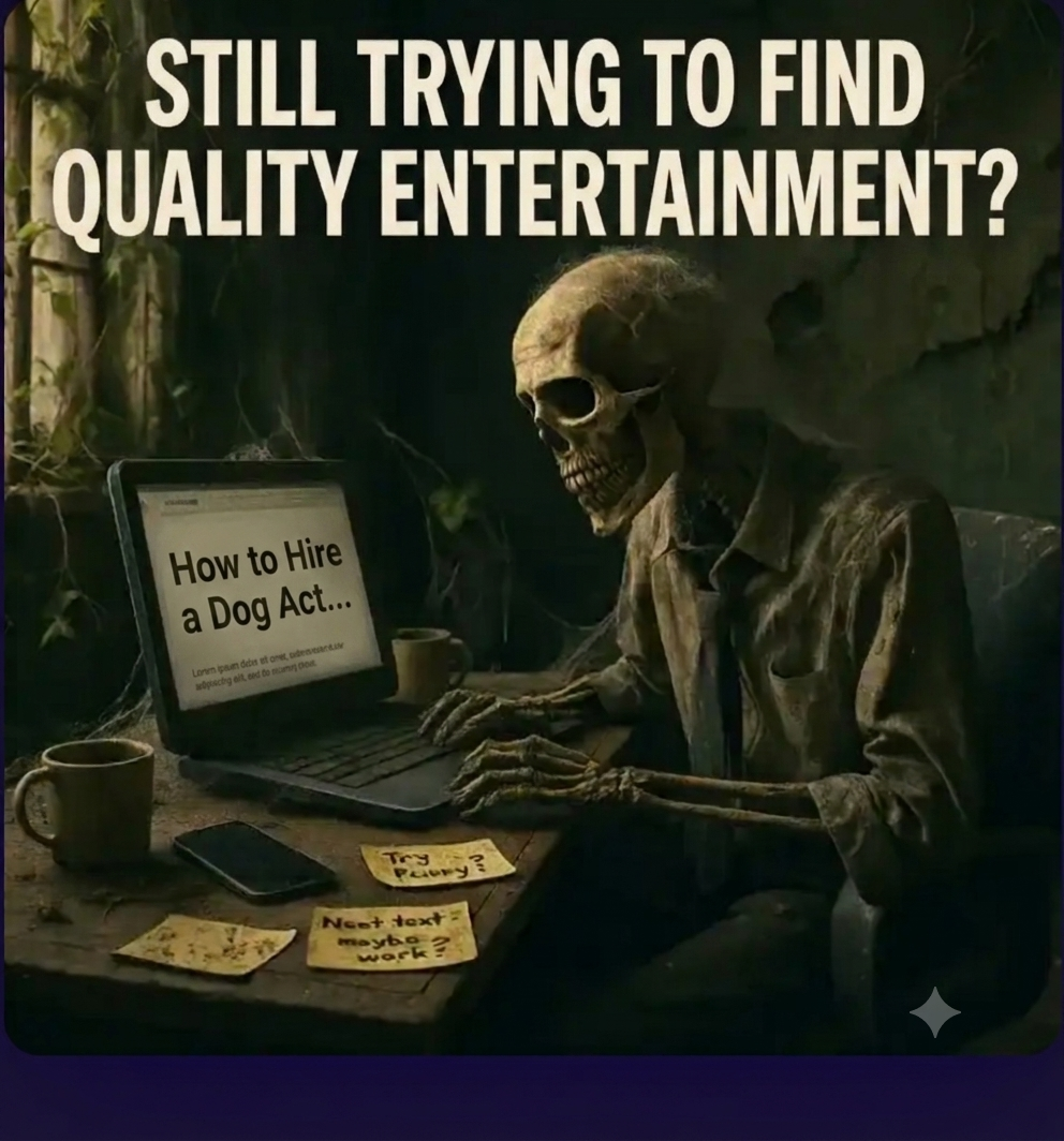 Skeleton in a shirt and tie slumped at a laptop, still searching how to hire quality corporate event entertainment
